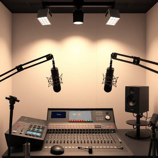 A fully equipped podcast recording studio with microphones and mixing console