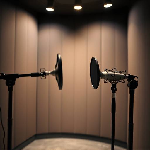 A voice actor recording in a soundproof booth with a high-quality microphone