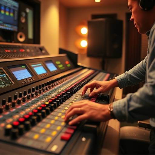Close-up of a large format analog mixing console at Sonic Sanctuary Studios with engineer adjusting levels