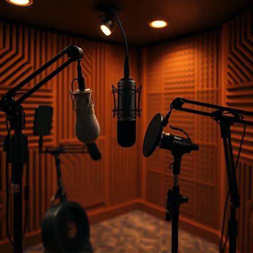 Interior of Sonic Sanctuary recording booth with a microphone setup for a vocal recording session